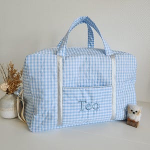 Customizable baby diaper bag, travel bag, pale blue gingham cotton. Baby fabric maternity suitcase, storage bag, weekender bag.