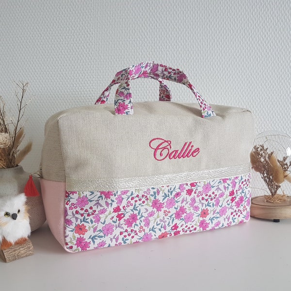 Woman or baby girl customizable big toiletry / cosmetic bag, brilliant beige cotton and pink liberty, Storage bag, Baby gift.