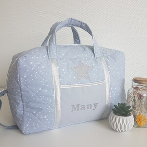 Customizable baby diaper bag, travel bag, grey with white stars quilted cotton. Baby fabric maternity suitcase, storage bag, weekender bag.