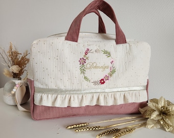 Sac à langer bébé personnalisable, gaze de coton écrue et velours