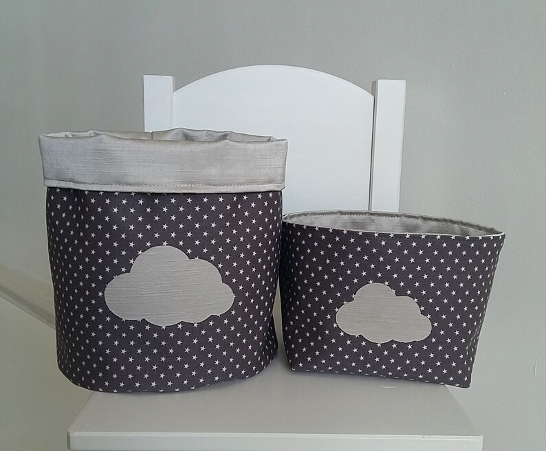 Little storage basket for baby room. Grey cotton and beige satin. Cloud pattern. image 4