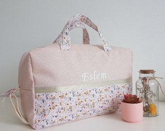 Baby customizable diaper bag, travel bag, brilliant pale pink cotton and pink liberty, Baby fabric briefcase, storage bag, weekender bag.