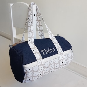 Personnalisable duffle bag, weekender bag, diaper bag, sport bag, travel bag, sparkling beige cotton and pink and grey liberty.