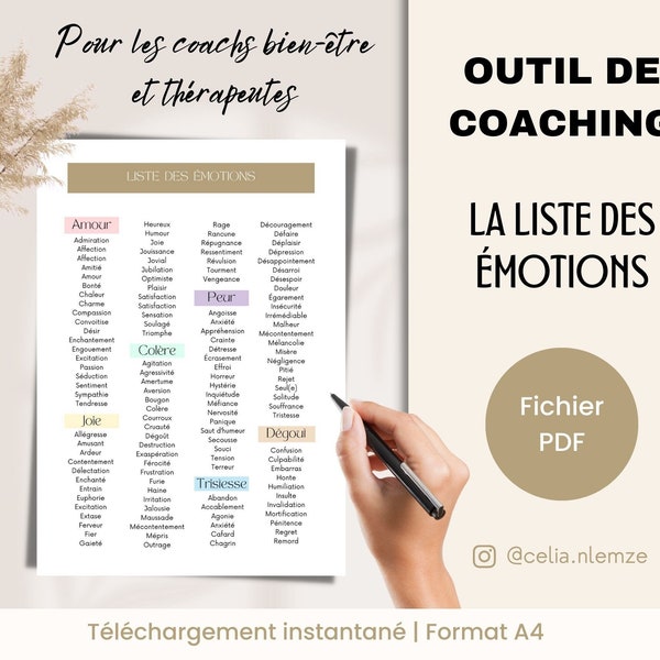 Outil de coaching français, La Liste des Émotions, Feuille d'exercices pour coachs en francais, Ressource santé mentale, Fichier PDF