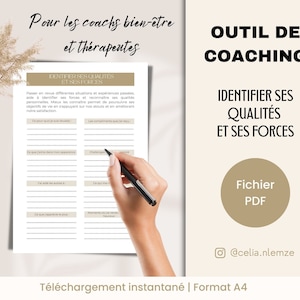 French coaching tool, Strengths and Qualities exercise, Worksheet for coaches in French, Mental health resource, PDF file