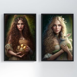 Duo Göttinnen Eostre & Ostara druckbares Poster, heidnischer Kunstdruck, Poster, Wandkunst, esoterisches Hexengeschenk