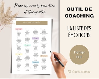 French coaching tool, The List of Emotions, Worksheet for coaches in French, Mental health resource, PDF file