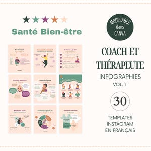 Santé & Bien-être  - Modèles d'infographies Instagram en français pour coach bien-être et thérapeute. Templates Canva pour coach holistique.