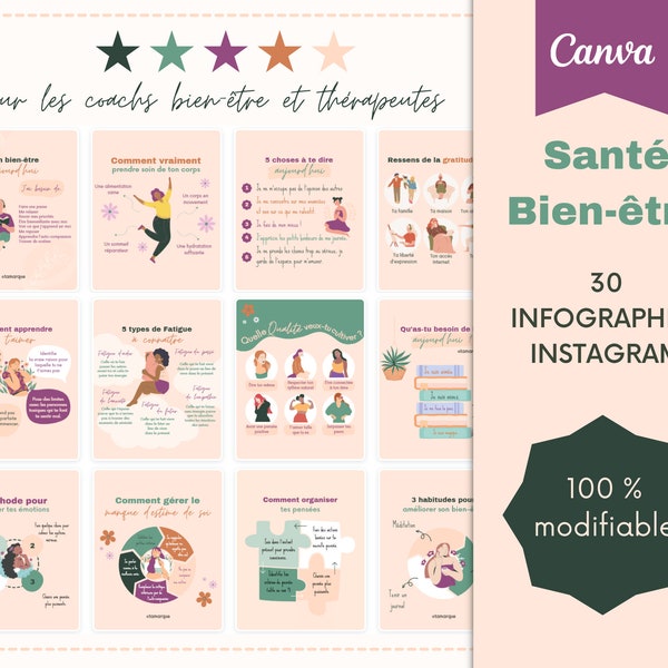 Santé & Bien-être  - Modèles d'infographies Instagram en français pour coach bien-être et thérapeute. Templates Canva pour coach holistique.