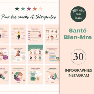 Health & Well-being - Instagram infographic templates in French for wellness coach and therapist. Canva templates for holistic coach.