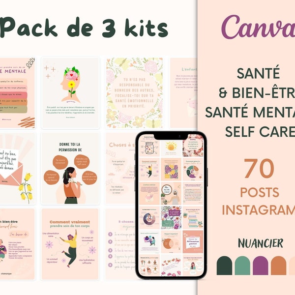 Pack 70 Posts Health Wellness, Mental Health, Self Care, Instagram Templates in French, Canva Templates for Coach, Infographics
