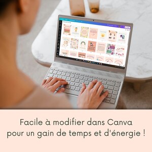 May include: A person is using a laptop computer to edit a Canva design. The design is a collection of colorful, illustrated cards with text. The text on the screen reads "Facile &agrave; modifier dans Canva pour un gain de temps et d'&eacute;nergie!"