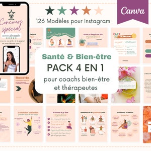 Santé & Bien-être - Pack 4 en 1 - Modèles Instagram en français pour coach bien-être et thérapeute. Templates Canva pour coach holistique.