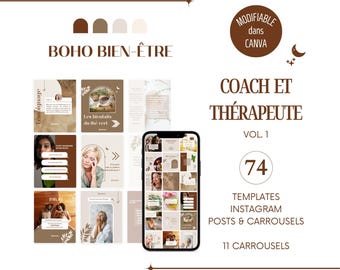 Boho Wellness - Instagram Templates in French, Holistic Wellness Post, French Coach Canva Template, Instagram Models, Coaching Kit
