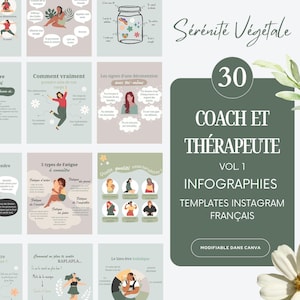 Könnte beinhalten: Eine Sammlung von 30 Instagram-Infografiken auf Französisch, entworfen für Coaches und Therapeuten. Die Vorlagen zeigen Illustrationen und Text auf hellgrünem Hintergrund, mit floralen Elementen und dem Text "Sérénité Végétale".