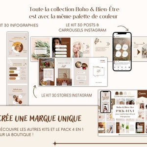 May include: A digital marketing kit for coaches and therapists. The kit includes 126 templates for Instagram posts, stories, and carousels. The templates feature a boho aesthetic with a brown, beige, and white color scheme. The text on the image reads "Boho & Bien-&ecirc;tre PACK 4 EN 1 pour coachs bien-&ecirc;tre et th&eacute;rapeutes".