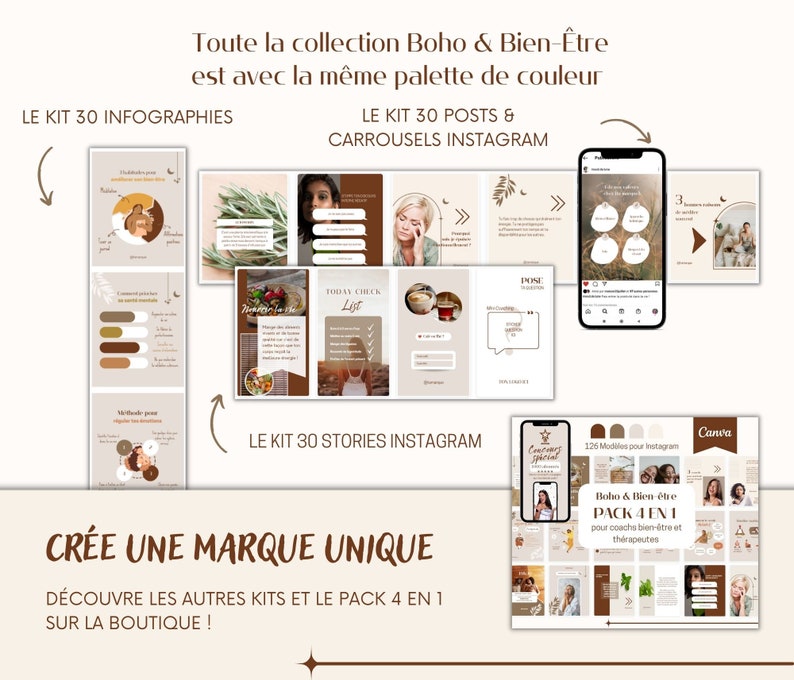 May include: A digital marketing kit for coaches and therapists. The kit includes 126 templates for Instagram posts, stories, and carousels. The templates feature a boho aesthetic with a brown, beige, and white color scheme. The text on the image reads "Boho & Bien-&ecirc;tre PACK 4 EN 1 pour coachs bien-&ecirc;tre et th&eacute;rapeutes".