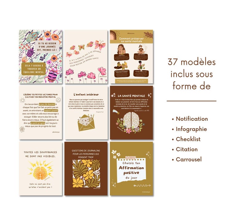Boho Wellness - Mental Health Posts, French Instagram Templates, Canva Templates for Coaches, Wellness Infographics, Health, Self-Love image 2