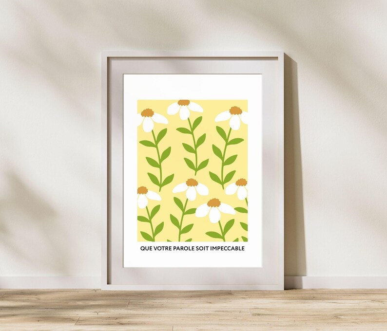 May include: A yellow background with a repeating pattern of white flowers and green stems. The text "QUE VOTRE PAROLE SOIT IMPEECCABLE" is at the bottom of the image.