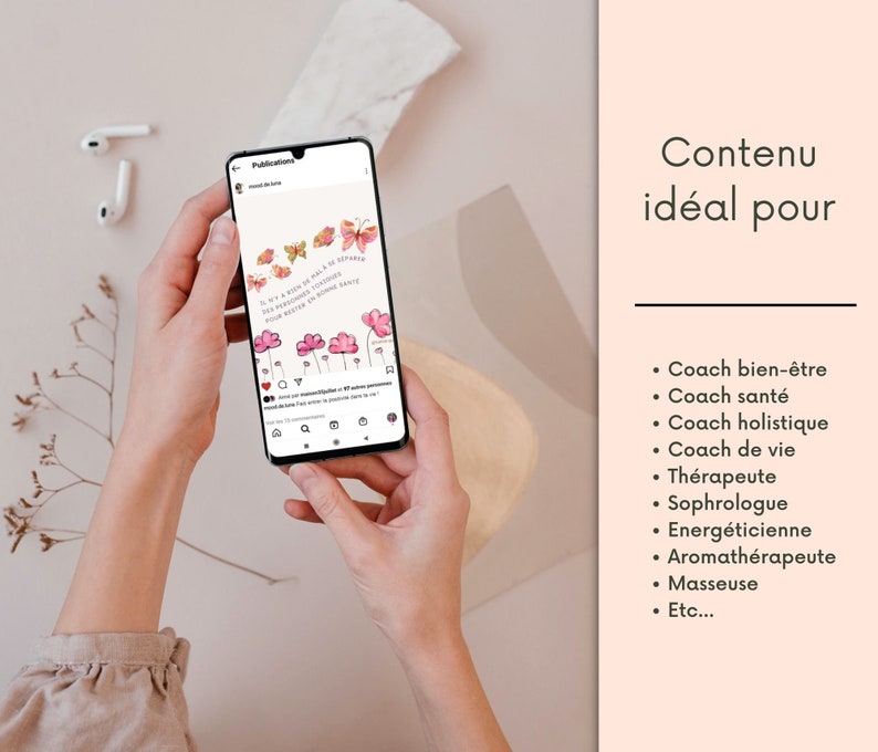 May include: A smartphone displaying a social media post with a watercolor illustration of pink flowers and butterflies. The text on the post reads "Il y a bien mal de temps des personnes toxiques pour voler en bonne sant&eacute;".