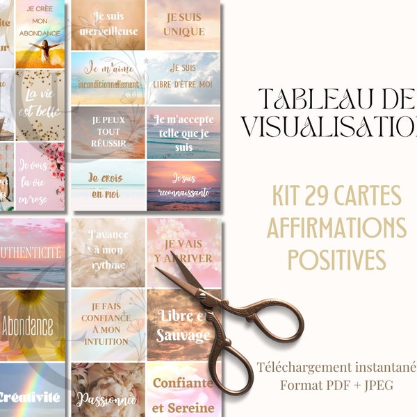 Tableau de visualisation en français carte affirmations positives à imprimer, Loi d'attraction Planner, Planificateur, Journal bien-être PDF