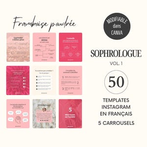 Peut inclure: Ensemble de 50 modèles Instagram en français pour sophrologue, avec une palette rose et blanche. Les modèles présentent des textes et des éléments graphiques. Le texte "Framboise poudrée" est en haut. Modifiable dans Canva.