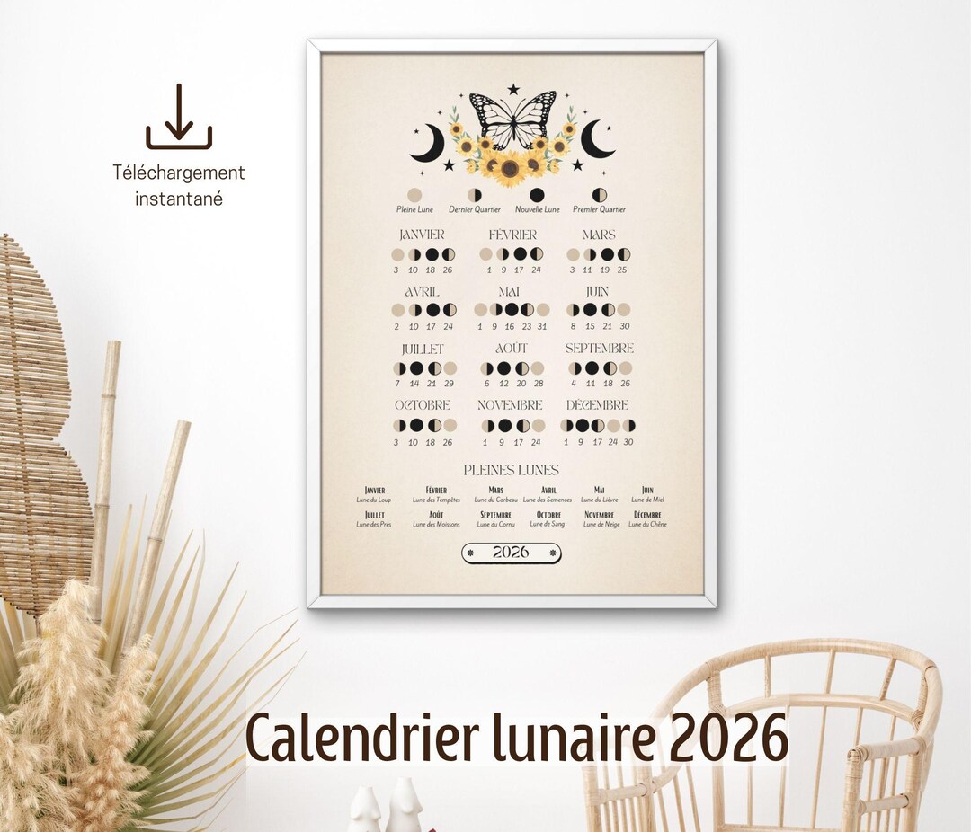 Printable 2026 Lunar Calendar, Digital Moon Phase Calendar, Astrology ...