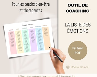 French coaching tool, The List of Emotions, Worksheet for coaches in French, Mental health resource, PDF file