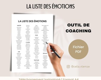 French coaching tool, The List of Emotions, Worksheet for coaches in French, Mental health resource, PDF file