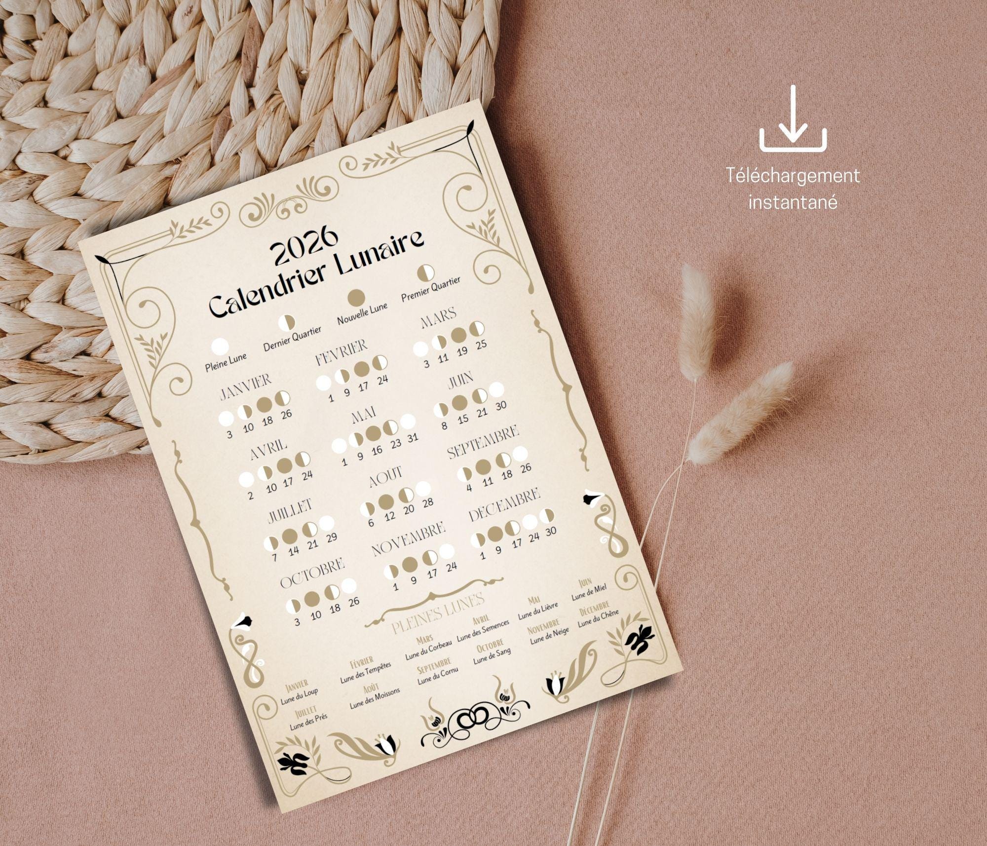 Printable 2026 Lunar Calendar, Digital Moon Phase Calendar, Astrology ...