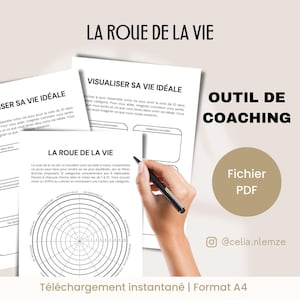 Peut inclure: Une feuille de travail imprimable en noir et blanc intitulée "La Roue de la Vie" (La Roue de la Vie) avec un cercle divisé en huit sections. La feuille de travail est conçue pour aider à visualiser et à évaluer différents domaines de la vie, tels que la santé, les relations et la carrière. Le texte "Visualiser Sa Vie Idéale" (Visualiser votre vie idéale) est également inclus sur la feuille de travail.