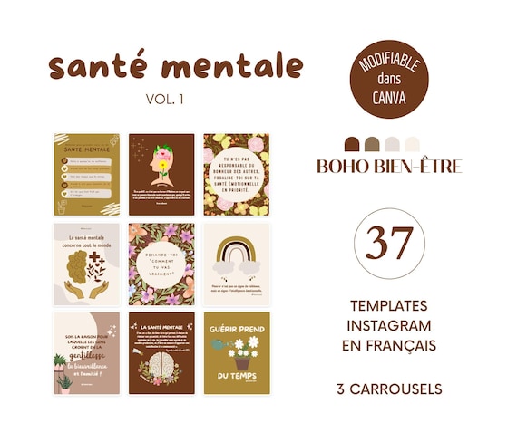 Boho Bien-être - Posts Santé mentale, Modèles Instagram en français, Templates Canva pour coach, Infographies Bien-être, Santé, Amour de soi