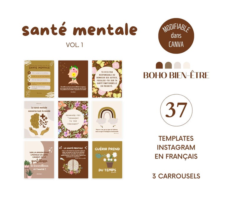 Boho Wellness - Mental Health Posts, French Instagram Templates, Canva Templates for Coaches, Wellness Infographics, Health, Self-Love image 1