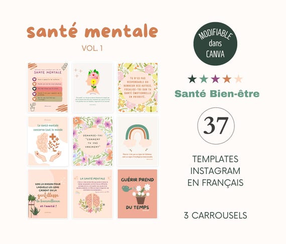 Santé Bien-être - Posts Santé mentale, Modèles Instagram en français, Templates Canva pour coach, Infographies Bien-être, Amour de soi