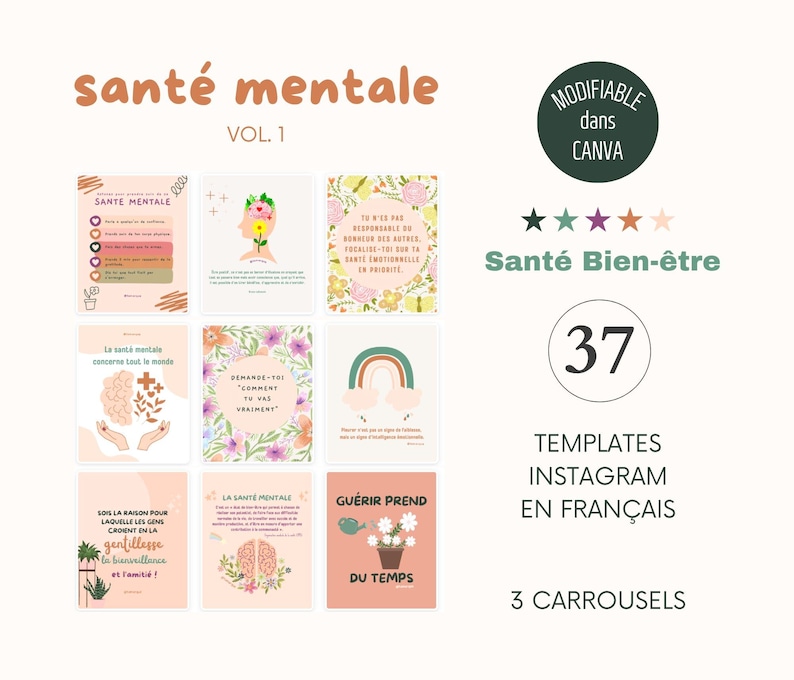 Health & Wellness - Mental Health Posts, French Instagram Templates, Canva Templates for Coaches, Wellness Infographics, Self-Love image 1