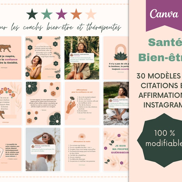 Health & Wellness - French Instagram Quotes Templates for Wellness Coach and Therapist. Canva Templates for Holistic Coach