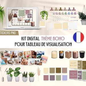 Kit de tablero de visión en francés, tablero de visión digital de tema Boho, fondo de pantalla de computadora, Planificador de ley de atracción