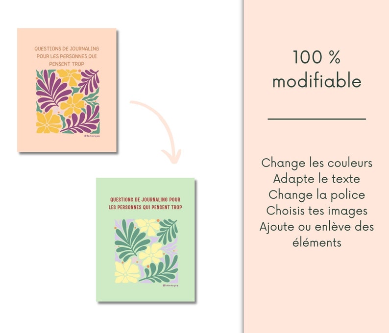 May include: Two printable journal prompts with floral illustrations. The first prompt is on a peach background with purple and yellow flowers. The second prompt is on a green background with green leaves and yellow flowers. The text on both prompts reads "Questions de Journaling pour les personnes qui pensent trop".