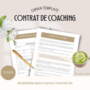 Peut inclure: Un modèle de contrat de coaching imprimable en français. Le modèle est conçu pour être utilisé avec Canva et est formaté pour du papier A4. Le texte sur le modèle indique "Contrat de Coaching" et "Informations du Client".
