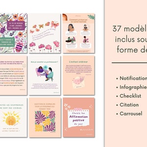 May include: A pink and white graphic with 37 different templates for social media posts. The templates include notifications, infographics, checklists, citations, and carousels. The text on the graphic says "37 mod&egrave;les inclus sous forme de" and lists the different types of templates.
