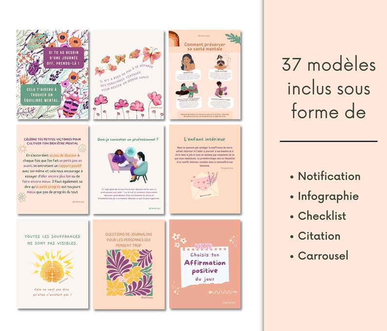 May include: A pink and white graphic with 37 different templates for social media posts. The templates include notifications, infographics, checklists, citations, and carousels. The text on the graphic says "37 mod&egrave;les inclus sous forme de" and lists the different types of templates.