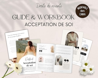 May include: A collection of printed guides and workbooks with the title "ACCEPTATION DE SOI" in a soft, neutral color palette. The image includes text in French, along with floral accents and a "MODIFIABLE dans CANVA" badge.