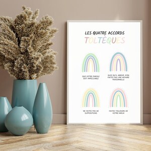 May include: A printable poster with a rainbow design and the text "Les Quatre Accords Tolteques" in French. The poster features four rainbow designs with text in French below each rainbow. The text reads: "Que votre parole soit impeccable", "Quoi qu'il arrive, n'en faites pas une affaire personnelle", "Ne faites pas de suppositions", and "Faites toujours de votre mieux".