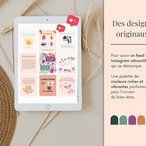 May include: A digital tablet displaying a collection of colorful Instagram post templates with text in French. The text includes "Des designs originaux", "Pour avoir un feed Instagram attractif qui se d&eacute;marque", "Une palette de couleurs riches et vibrantes parfaites pour l'univers du bien-&ecirc;tre", and "Gu&eacute;rir prend du temps". The color palette includes shades of green, purple, orange, and pink.