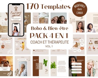 Boho Wellness - 4-in-1 Pack - French Instagram templates for wellness coaches and therapists. Canva templates for holistic coaches.