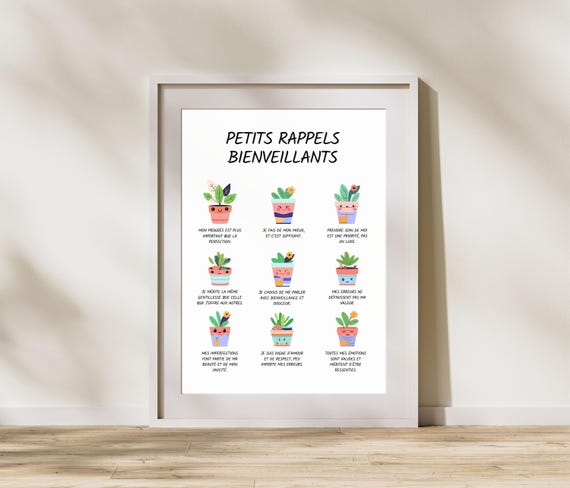 Affiche Petits Rappels Bienveillants en français, Affiche Santé Mentale, Art mural bien etre, Poster Thérapie, Décoration bureau travail