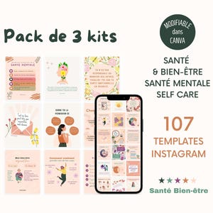 Pack of 107 Health Posts, Wellness, Mental Health, Self Care, French Instagram Templates, Canva Templates for Coaches, Infographics