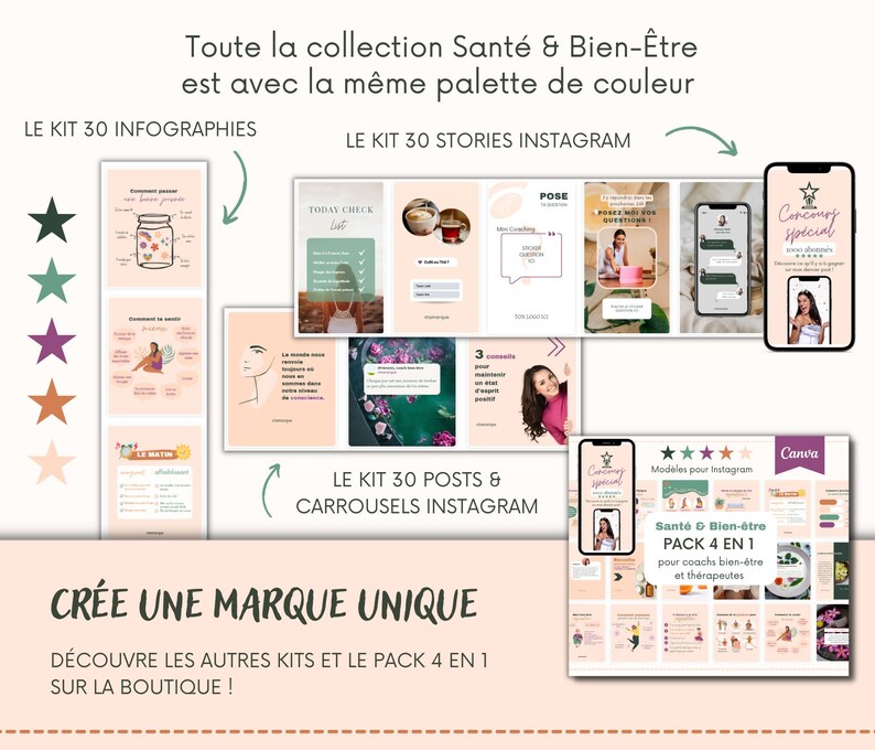 May include: A pink and white graphic design template for social media featuring the text "Create a unique brand". The template includes a variety of images and text, including a star rating, a phone, and a variety of other design elements. The template is designed to help businesses create a cohesive and professional brand identity.