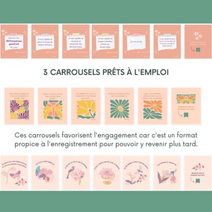 May include: Three pink and white carousel slides with floral designs and text in French. The text on the first slide reads "Choisis ton Affirmation positive du jour". The text on the second slide reads "Je suis capable de g&eacute;rer le stress de mani&egrave;re efficace". The text on the third slide reads "Je suis capable de ressentir de la joie et du bonheur en m&ecirc;me temps".
