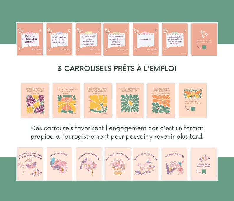 May include: Three pink and white carousel slides with floral designs and text in French. The text on the first slide reads "Choisis ton Affirmation positive du jour". The text on the second slide reads "Je suis capable de g&eacute;rer le stress de mani&egrave;re efficace". The text on the third slide reads "Je suis capable de ressentir de la joie et du bonheur en m&ecirc;me temps".